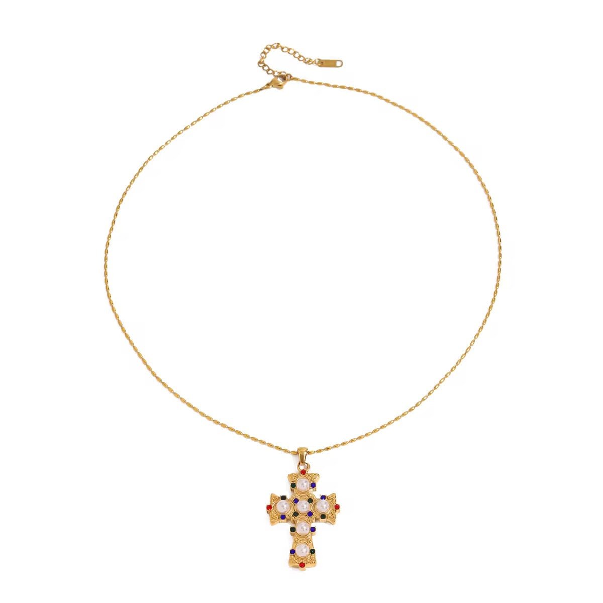 Colourful Pearl Cross Gold Necklace - ILLUSIVE JEWELS USA