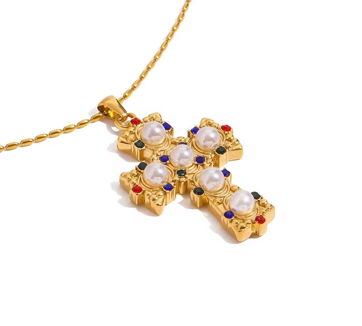Colourful Pearl Cross Gold Necklace - ILLUSIVE JEWELS USA