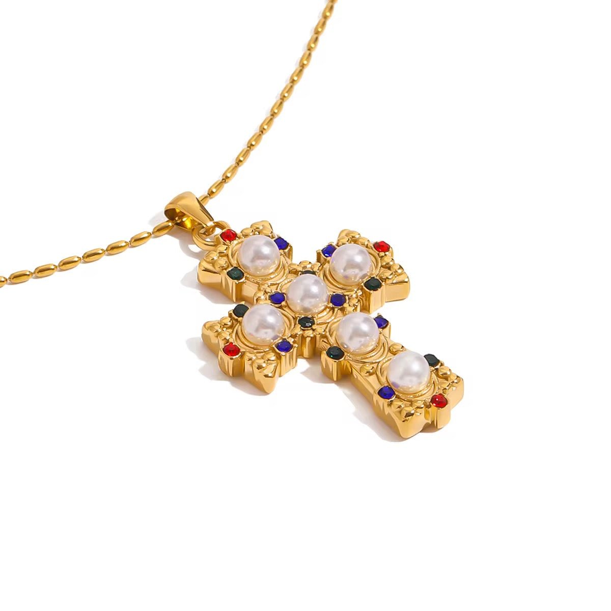 Colourful Pearl Cross Gold Necklace - ILLUSIVE JEWELS USA