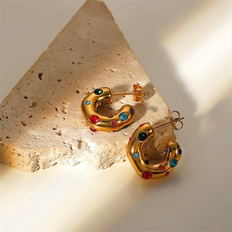 Gold Multi - Coloured Gem Hoop Earrings - ILLUSIVE JEWELS USA
