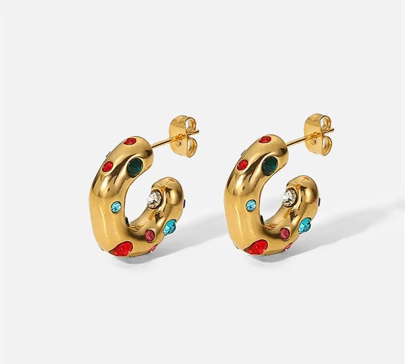 Gold Multi - Coloured Gem Hoop Earrings - ILLUSIVE JEWELS USA