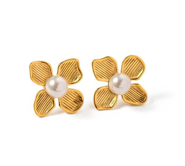 Gold Pearl Flower Stud Earrings - ILLUSIVE JEWELS USA